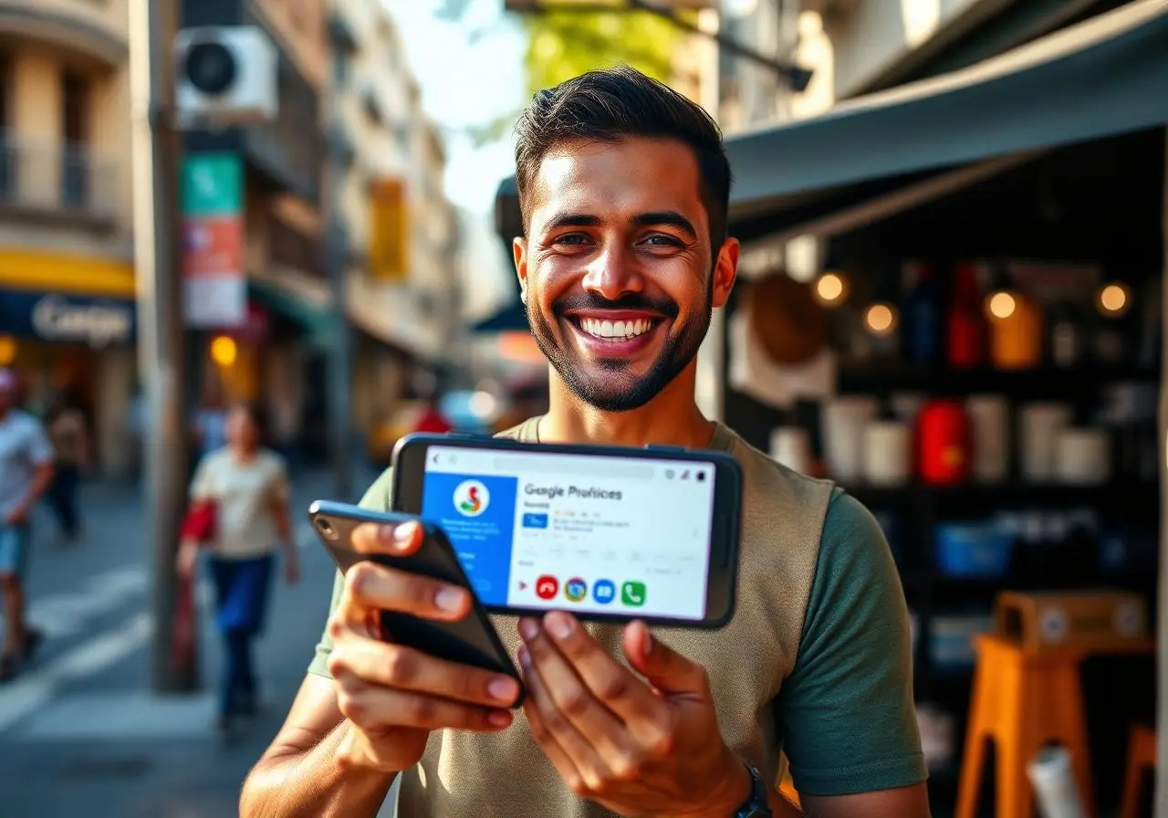 Empresário em Presidente Prudente exibindo Perfil de Empresas no Google em seu smartphone
